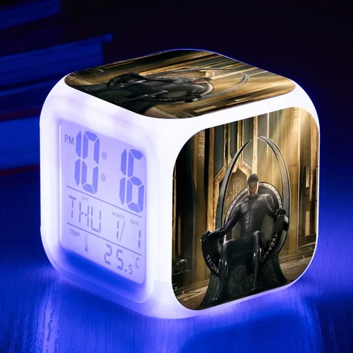 Disney Marvel Avengers Anime Figure Black Panther Night Lights Colorful Alarm Clock Children\'s Room Decoration Birthday Gifts