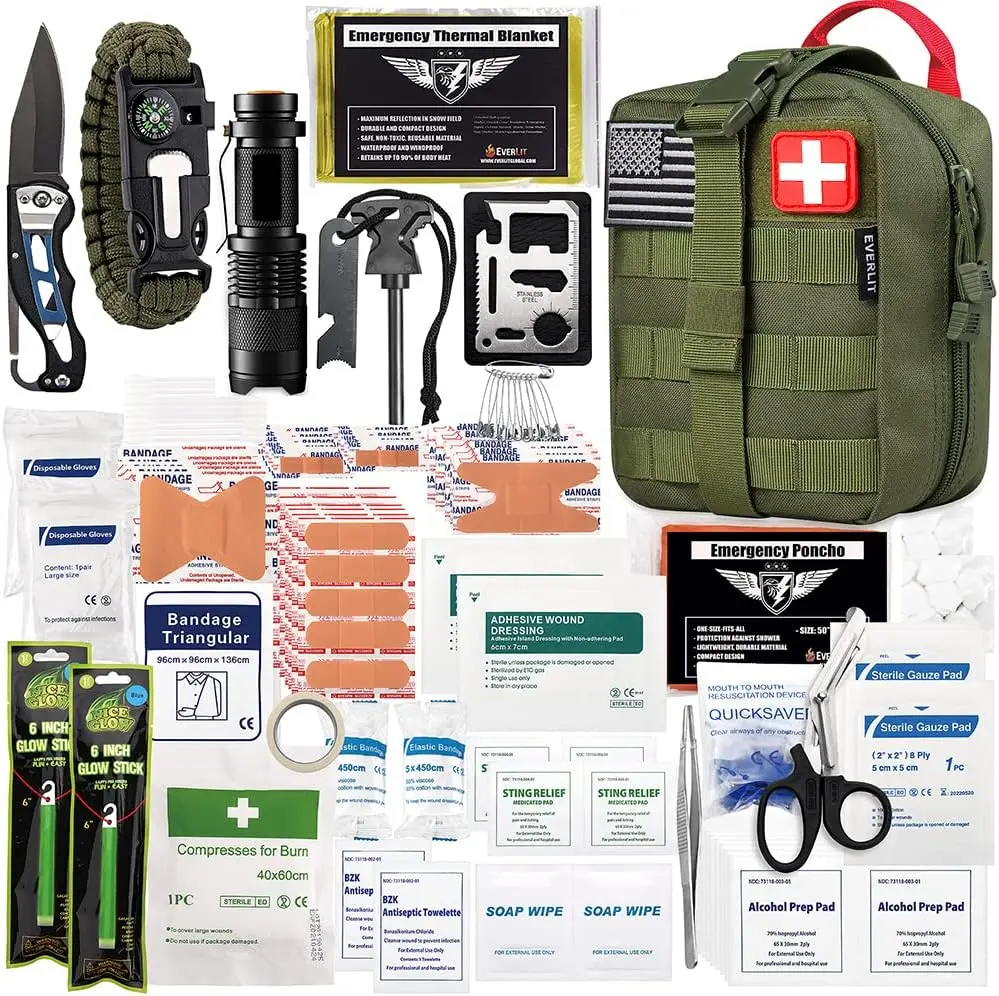 Kit de Primeros Auxilios de Supervivencia de 250 Piezas con Bolsa Molle para Campismo, Senderismo, Caza y Preparación para Emergencias