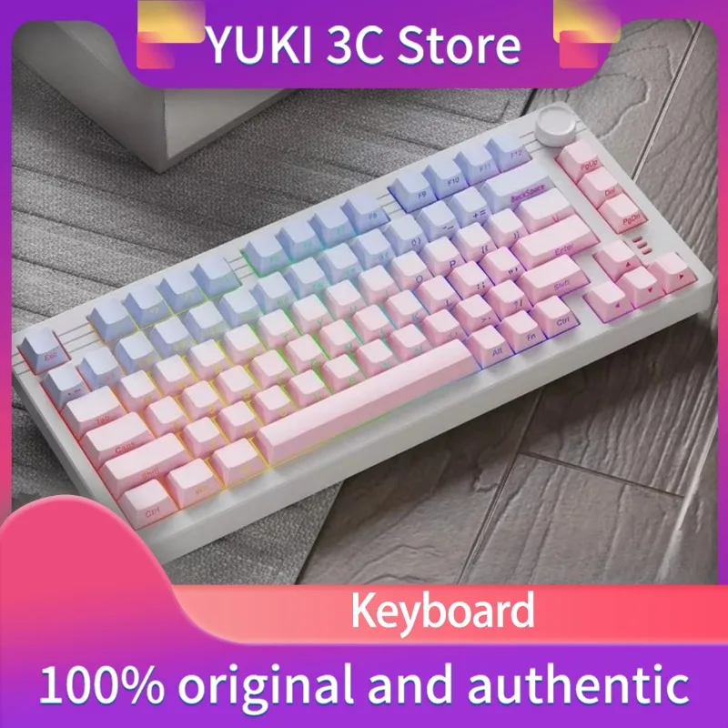 EK75 Tri-mode Mechanical Keyboard 80keys Gasket Structure Full Bond No Punch Multicolor Light 3750mah Battery Game Gift Pink