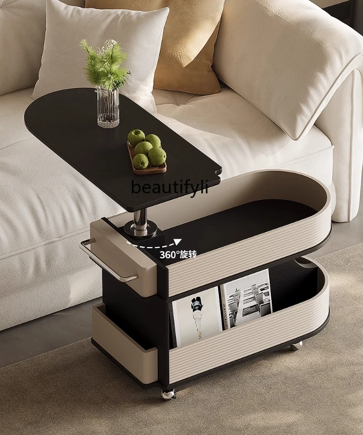 Italian minimalist small apartment coffee table with wheels movable lifting and rotating new sofa side cabinet