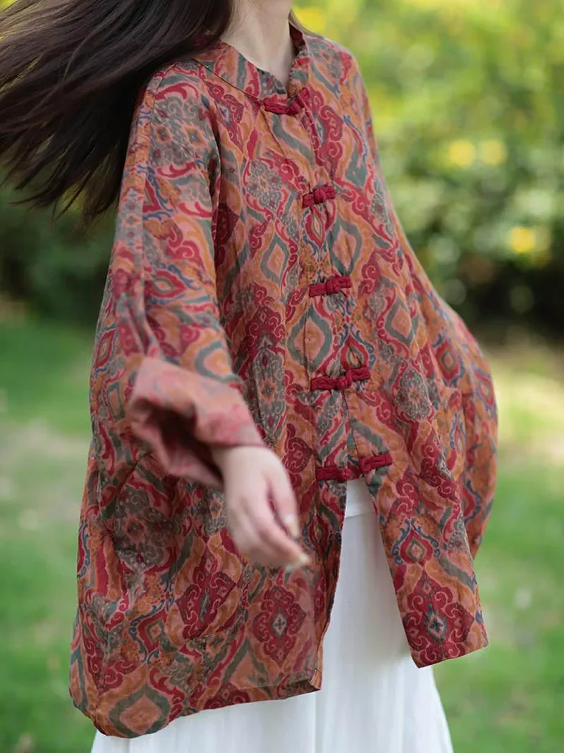 レディースルーズ単層ラミー長袖シャツ単列カエルボタンプリントショートジャケットヴィンテージファッション初秋