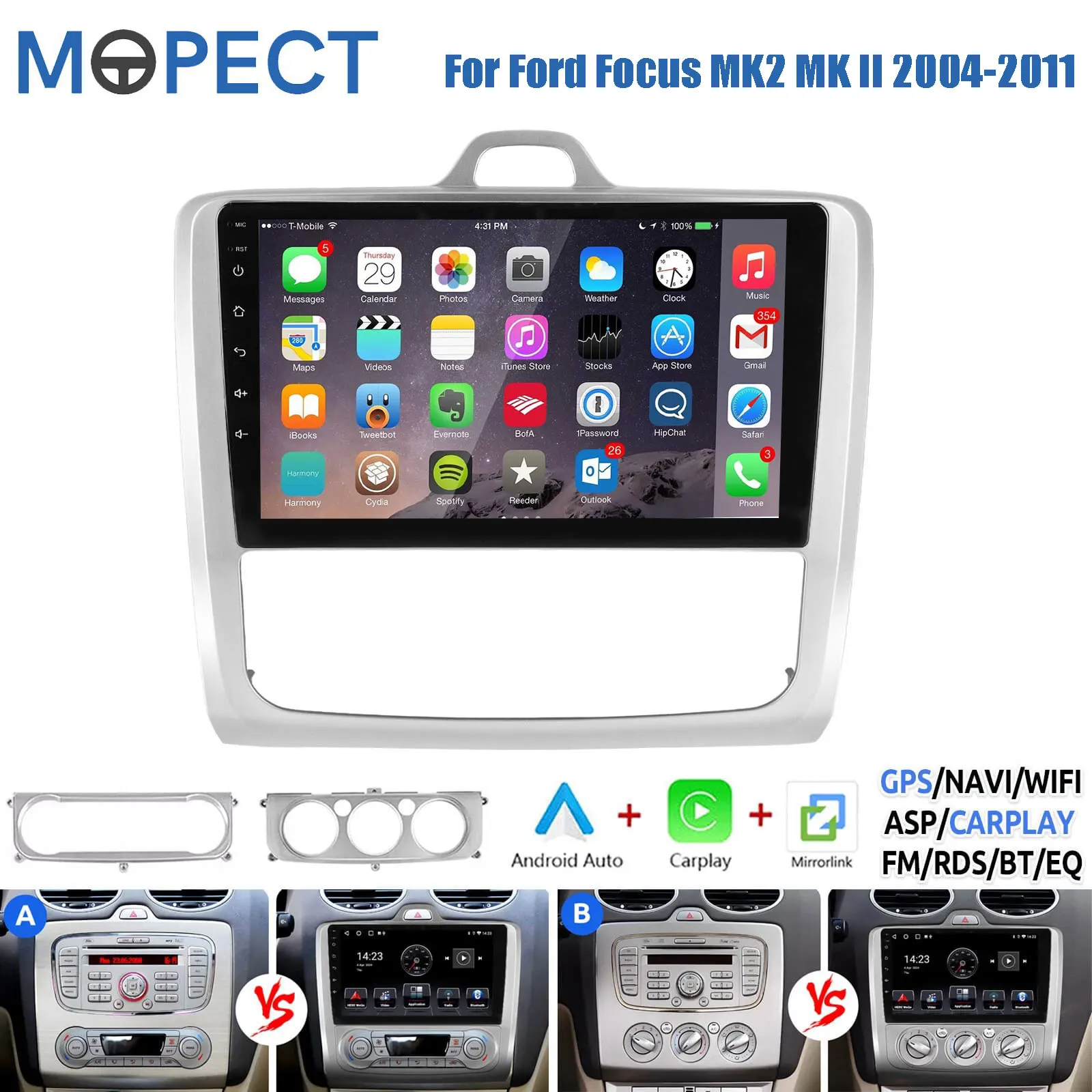 MOPECT 9'' Radio Samochodowe 4+64G/6+128G Dla Ford Focus MK2 MK II 2004-2011 Nawigacja GPS Odtwarzacz Multimedialny BT WIFI Carplay Android Auto Mirror Link 4G FM RDS SWC Autoradio Stereo Kamera i