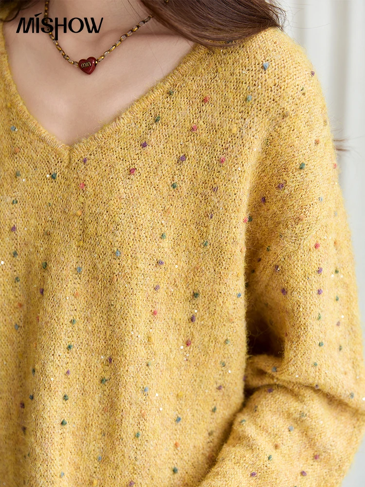 MISHOW женские топы с длинными рукавами, осень 2021, желтый свитер в стиле ретро с блестками и v-образным вырезом, вязаные удобные повседневные пуловеры MXE47Z2572