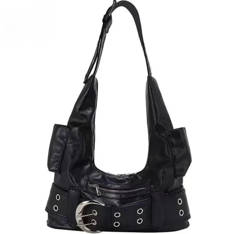 

Vintage Luxury Designer PU Rivet Shoulder Bag for Women Large Capacity Multiple Pockets Belt Buckle Handbag Big Tote