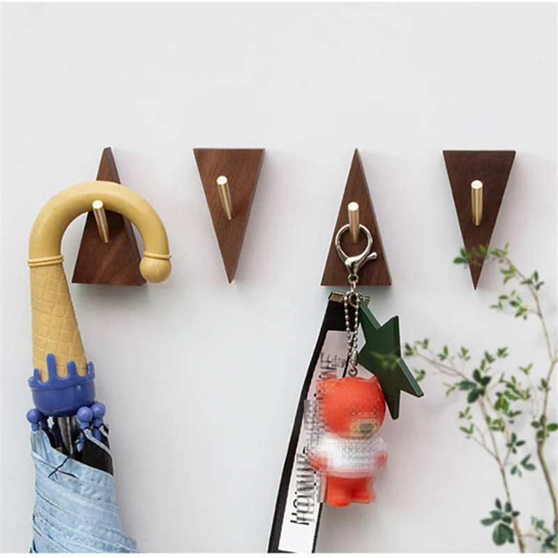 Triangle Shape Brass Solid Wood Hooks Multi-Purpose Key Holder Decoration Wall Coat Rack Door Clothes Storage Home Organizer