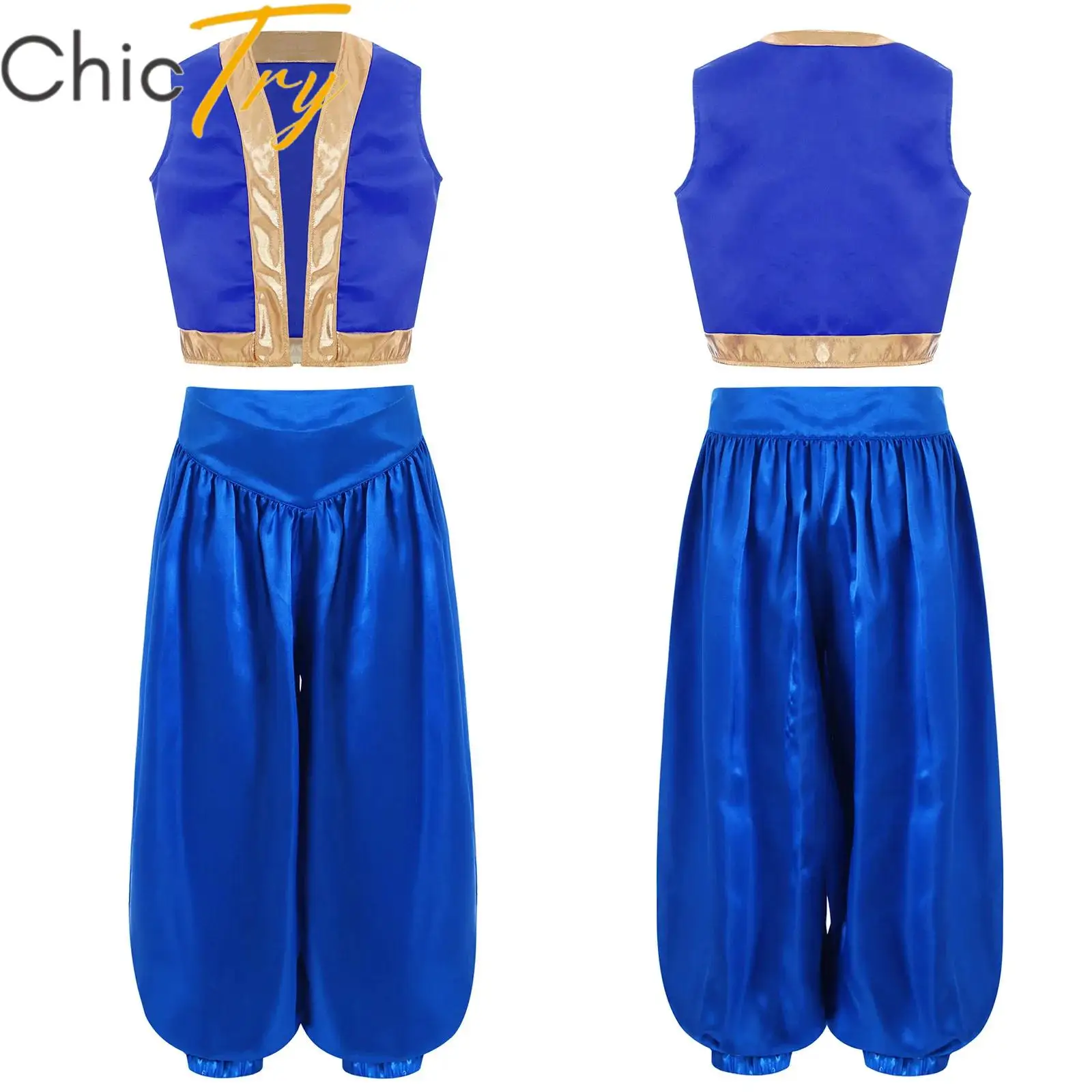 

Boys Belly Dance Sets Cosplay Vest with Satin Bloomer Halloween Arabian Prince Fairy Tale Character Costume Carnival Dress Up