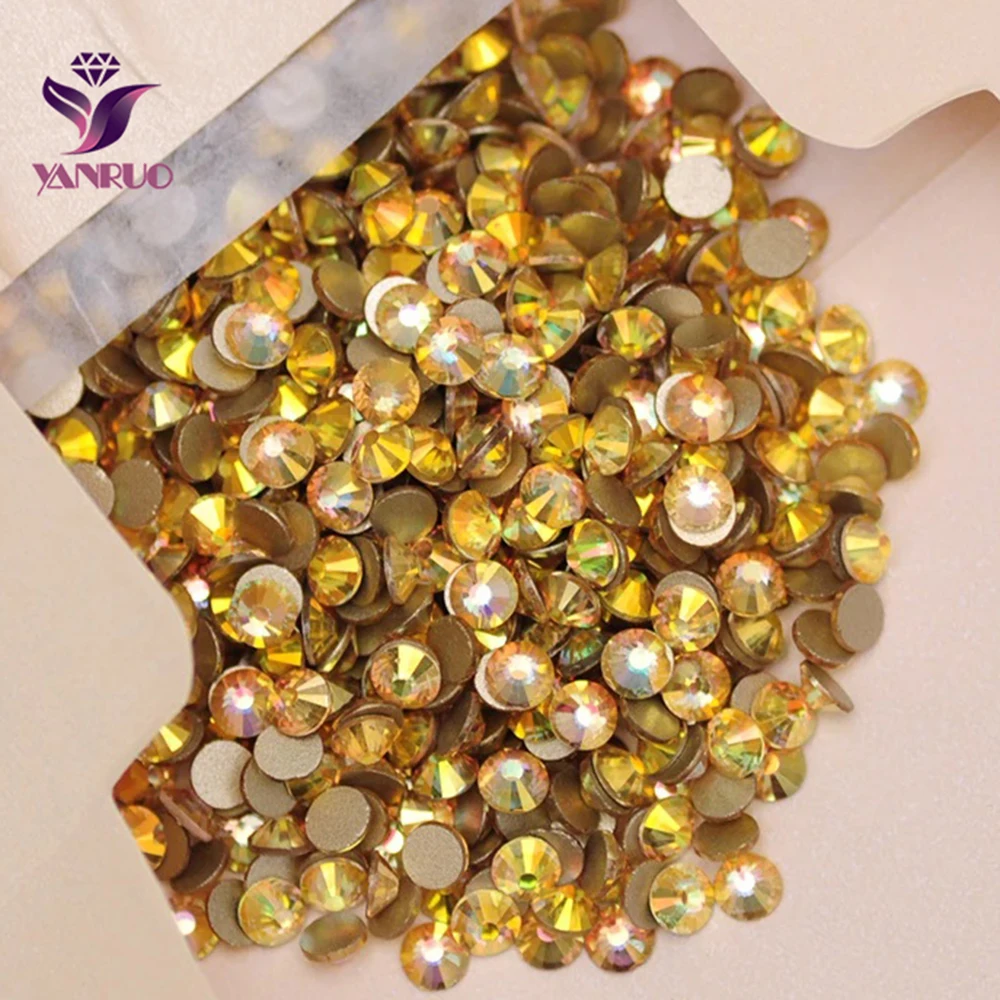 YANRUO 2058NOHF All Sizes Metallic Sunshine Gold Glitter Rhinestones Glass Stones Glue on Nails Clothes Dress