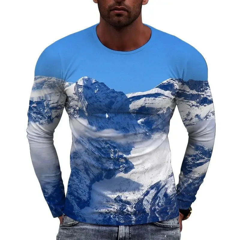 New European Size Landscape Picture Men long sleeved T-shirt Casual Printed Tees Hip-hop Personality Round Neck Tops