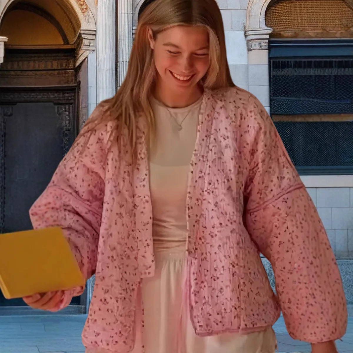 Fall/Winter 2025 Fashion Pink Sweet Floral Lace-Up Cotton Jacket V-Neck Flared Sleeve Jacket