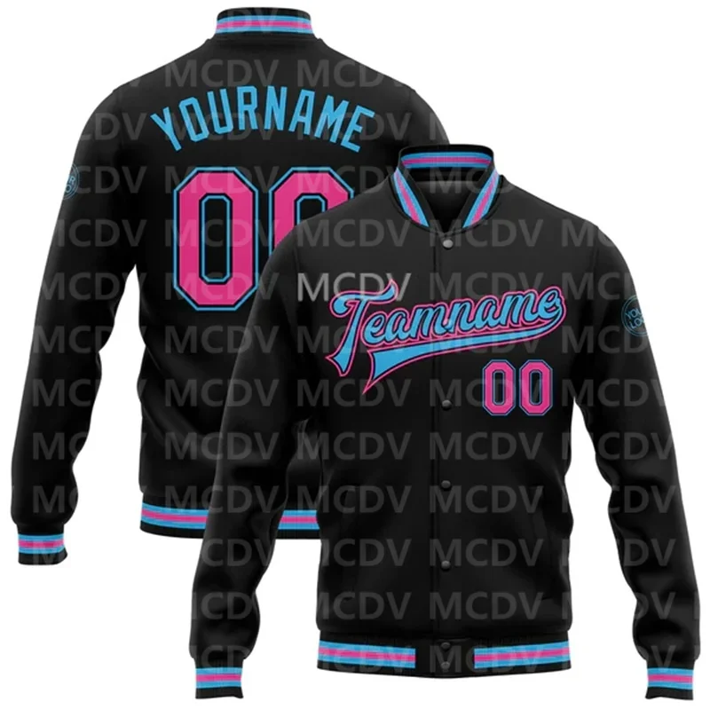 Custom Black Pink-Sky Blue Bomber Full-Snap Varsity Letterman Jacket  Baseball Button Jacket