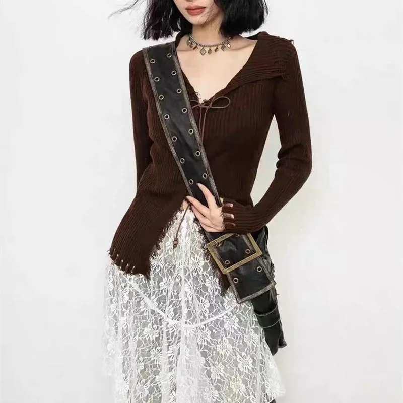 2025 Fall Vintage Women Long Sleeve Pullover Sexy Sweater Korean Style Slim Fit Knitted Top Autumn Elegant Solid Knitwear