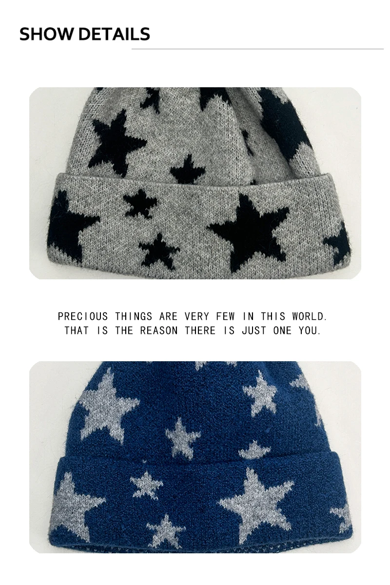 Neue Herren- und Damen-Streetwear-Strickmützen mit Farbblock-Jacquard-Sternenmuster, Warme Retro-Mode, Hochwertige Beanies, Vielseitig für Outdoor-Aktivitäten, Individuell – Detail 3