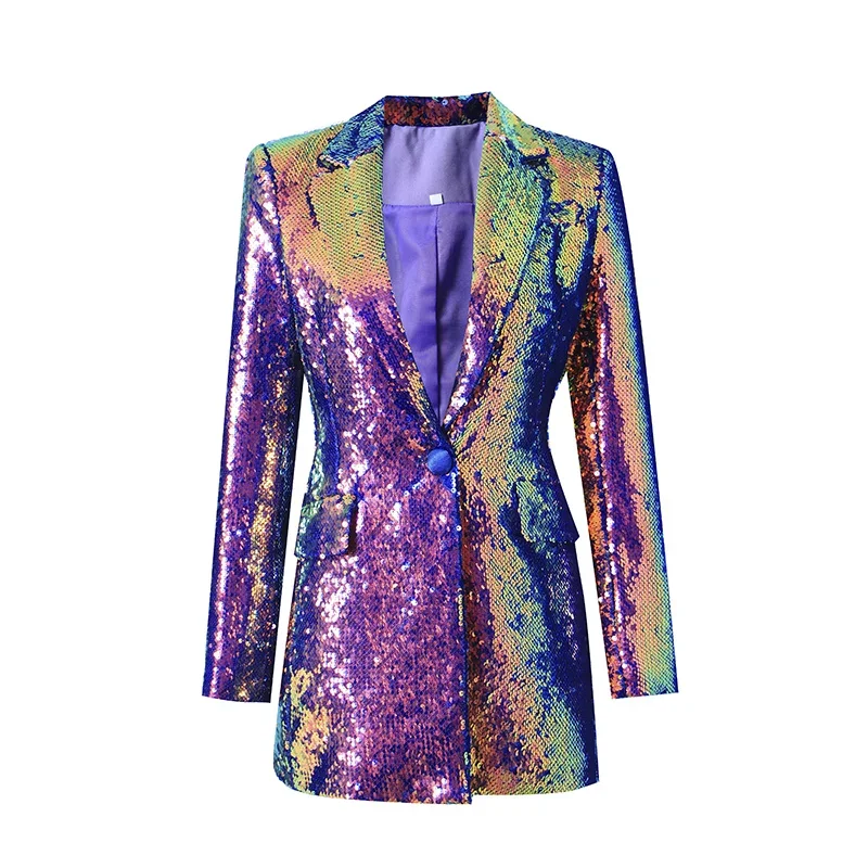 Luxury All Covered Bright Sequins Long Sleeve Single Button Women Fashion Streetwear Slim Blazer