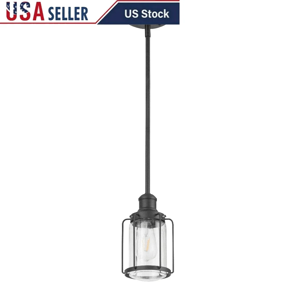 

Industrial Matte Black LED Pendant Light with Clear Glass Shade Lantern Style Fixture Kitchen Island Dining Room Damp Rated