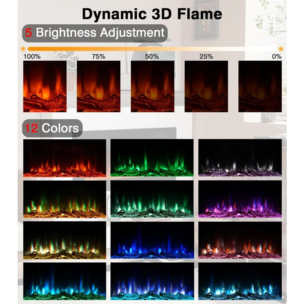 Aquecedor de lareira elétrico autônomo com inserção de 30 polegadas e chamas ajustáveis de 12 cores para salas de estar