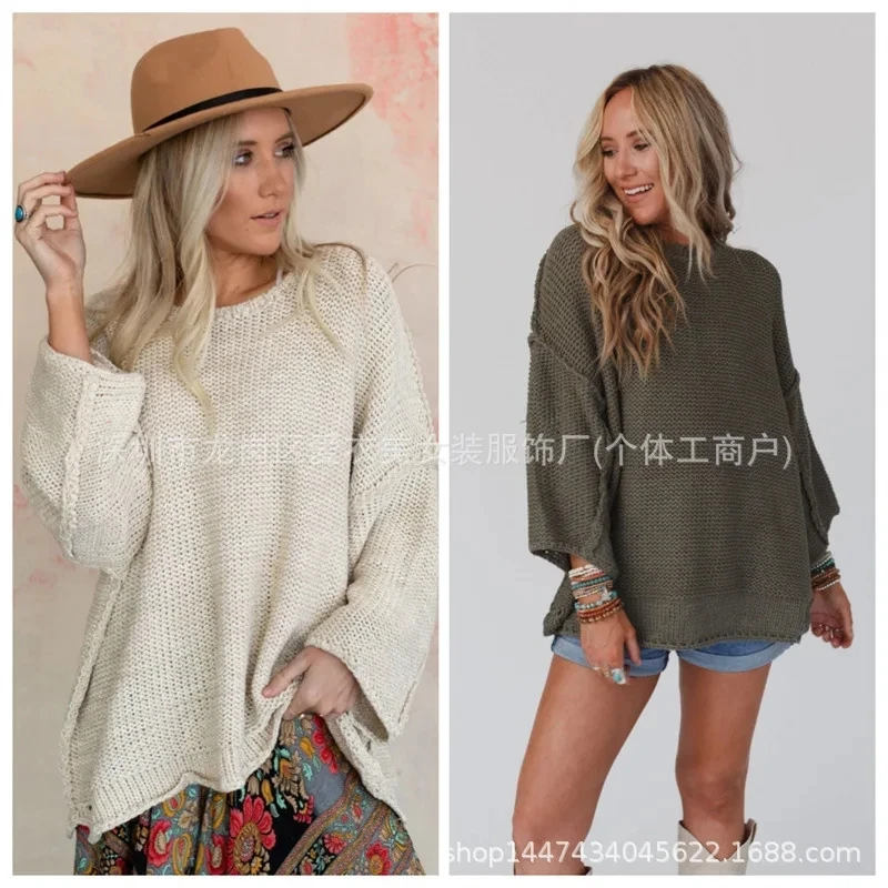 

2025 Autumn Winter New Mid Length Loose Round Neck Long Sleeve Sweater Women Versatile Casual Multi Color Optional Fashion Style