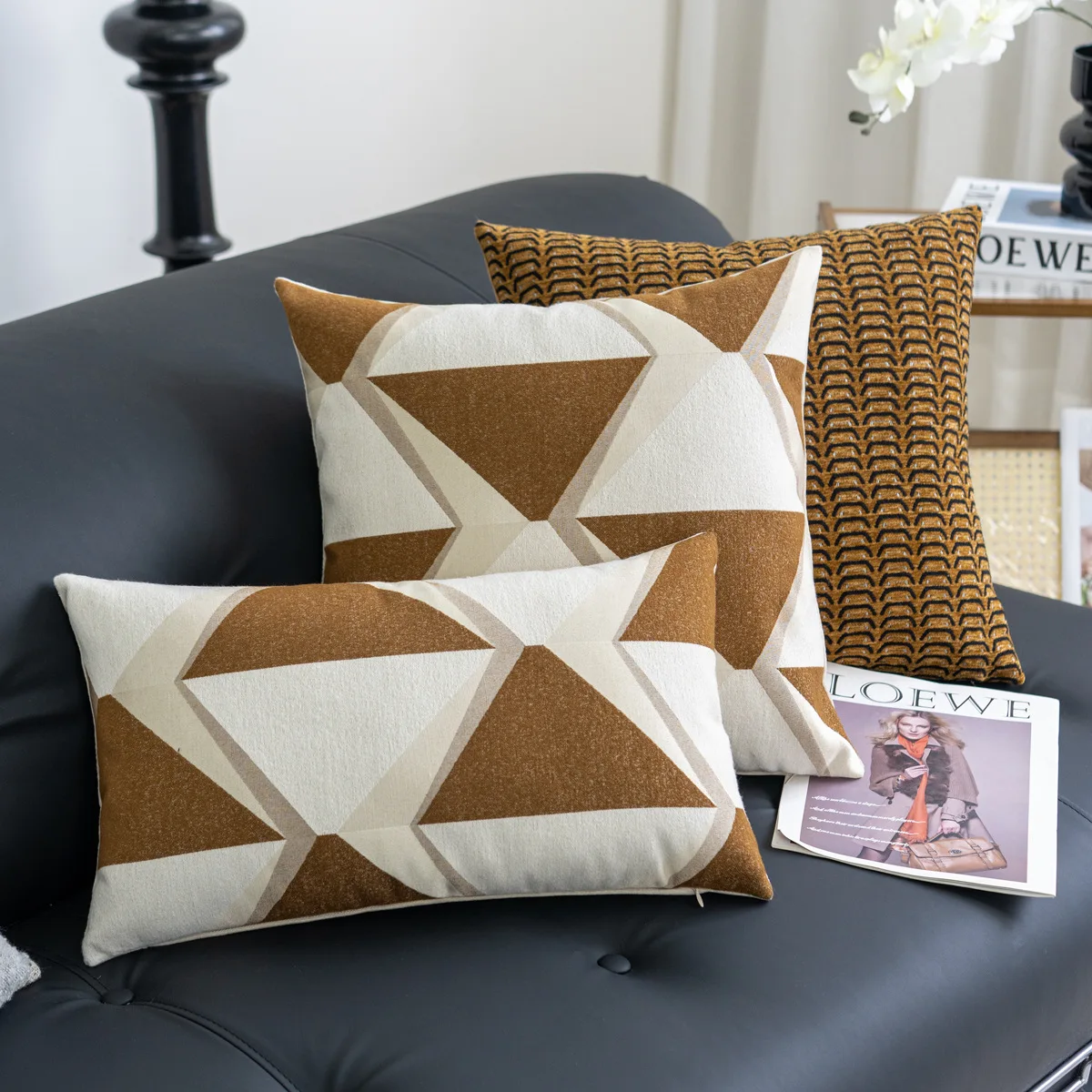 Cushion Cover Luxury Geometric Jacquard Caramel Brown Beige Modern Nordic Textured Woven Pillow Case for Sofa Living Room Decor