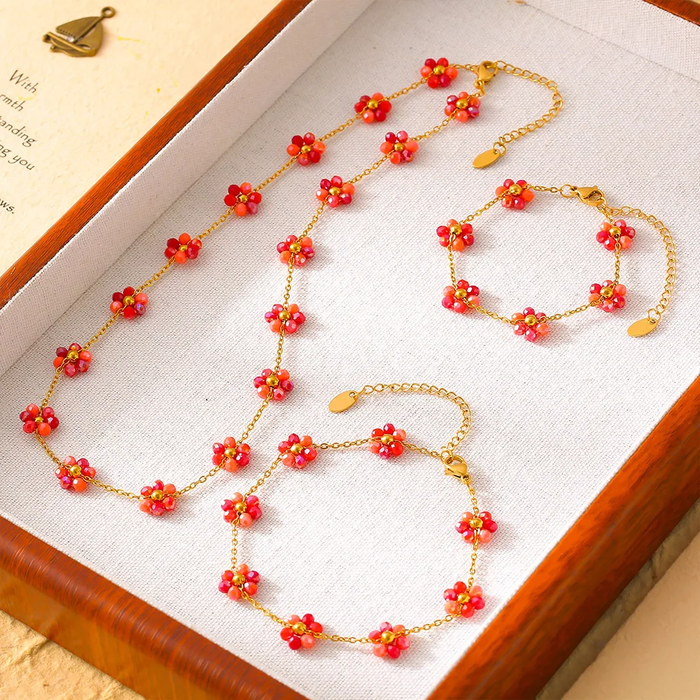 Colorful Glass Stone Beaded Flower Pendant Necklace Bracelet Anklet Set Women\'s Stainless Steel Gold plated Chain Summer Jewelry