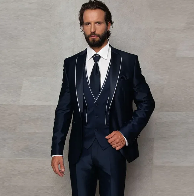 Costumes bleu marine pour hommes, smokings de mariage, revers cranté, marié, veste en émail, pantalon à un bouton, 3 pièces