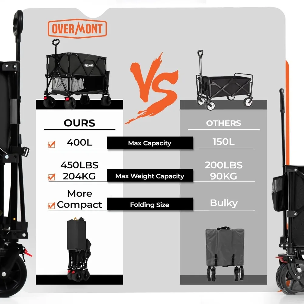 عربة ذات طابقين قابلة للطي سعة 400 لتر - عربة عربة قابلة للطي ذات سعة كبيرة - موسع طويل جدًا مقاس 47 بوصة - عجلات كبيرة لجميع التضاريس