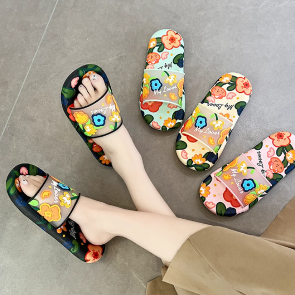 

Fashion Transparent Sweet Flower Slippers PVC Beachwear Platform Flip Flops Shoes Anti Slip Slides Sandals Beach