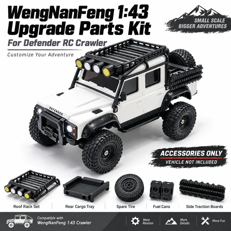 WengNanFeng 1:43 Defender RC Crawler Upgrade Parts Kit Roof Rack Cargo Tray Spare Tire Fuel Cans Traction Boards