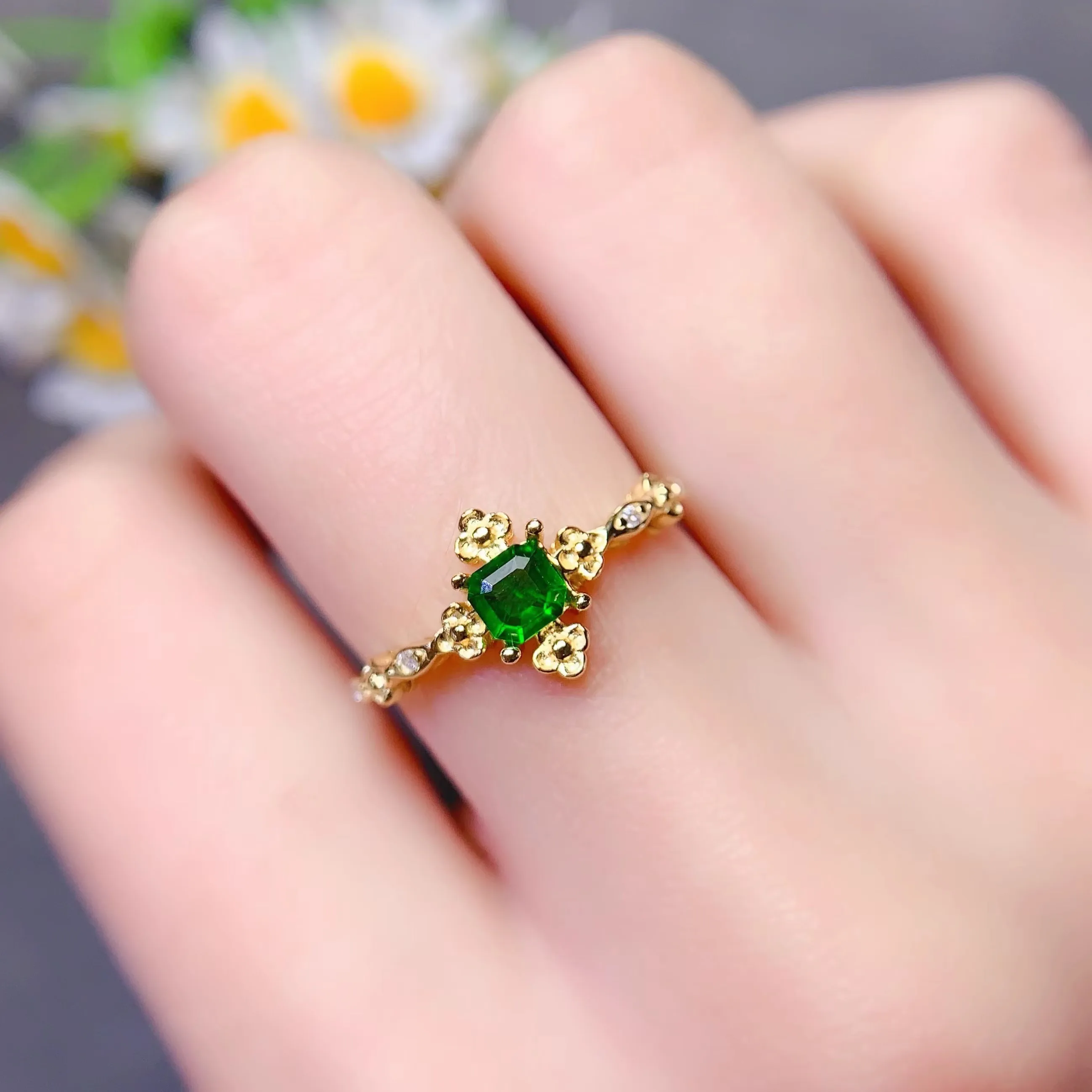 Setting 4/5mm Square Stone S925 Sterling Silver Empty Holder DIY Ring Fine Weddings Simple Flower Design Charm Jewelry for Woman