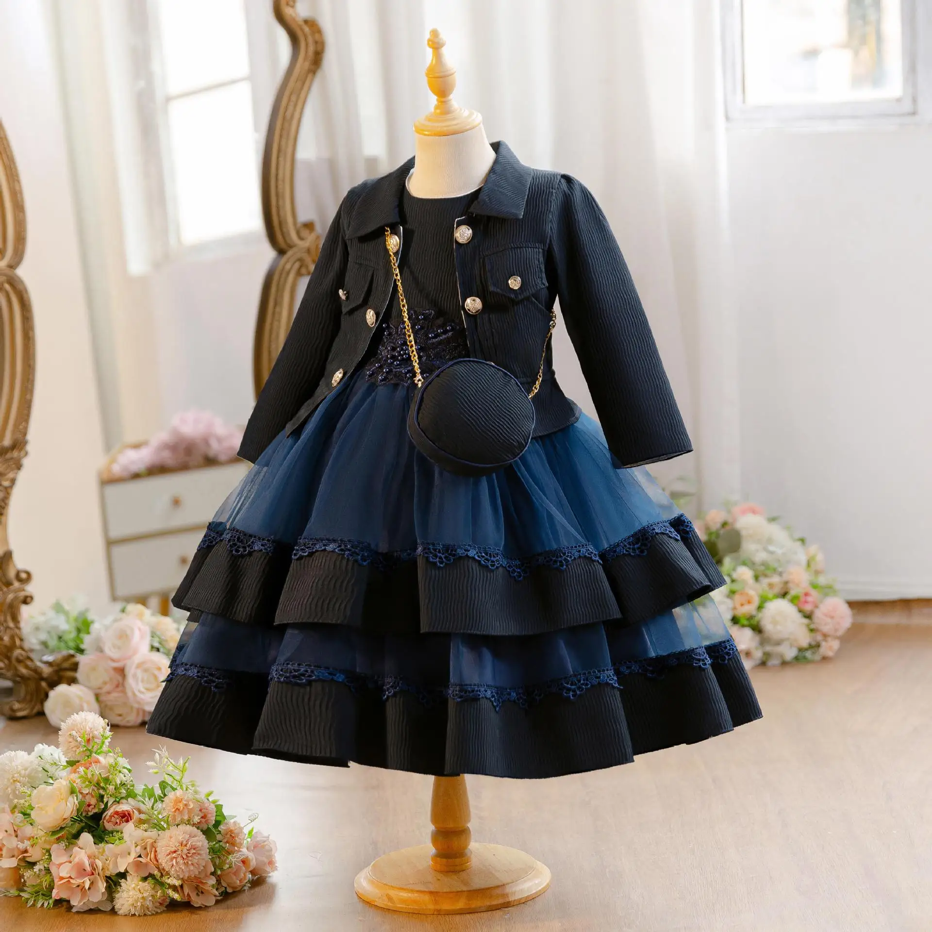 New Girls' Elegant Dresses Girl Party Dress 3 PCS Set Long Sleeve Kids' Clothes with Elegant Bag 3 to 10 Years