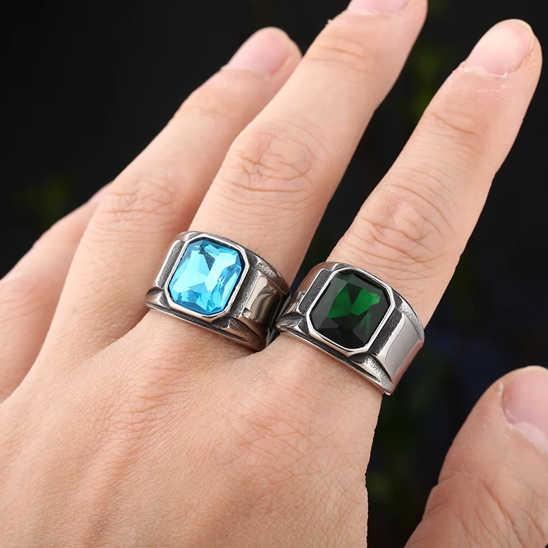 2023 New 316L Stainless Steel Men\'s Punk Rock Green&Blue Gem Stone Ring Gothic Style Biker Anel Fashion Wedding Charm Jewelry