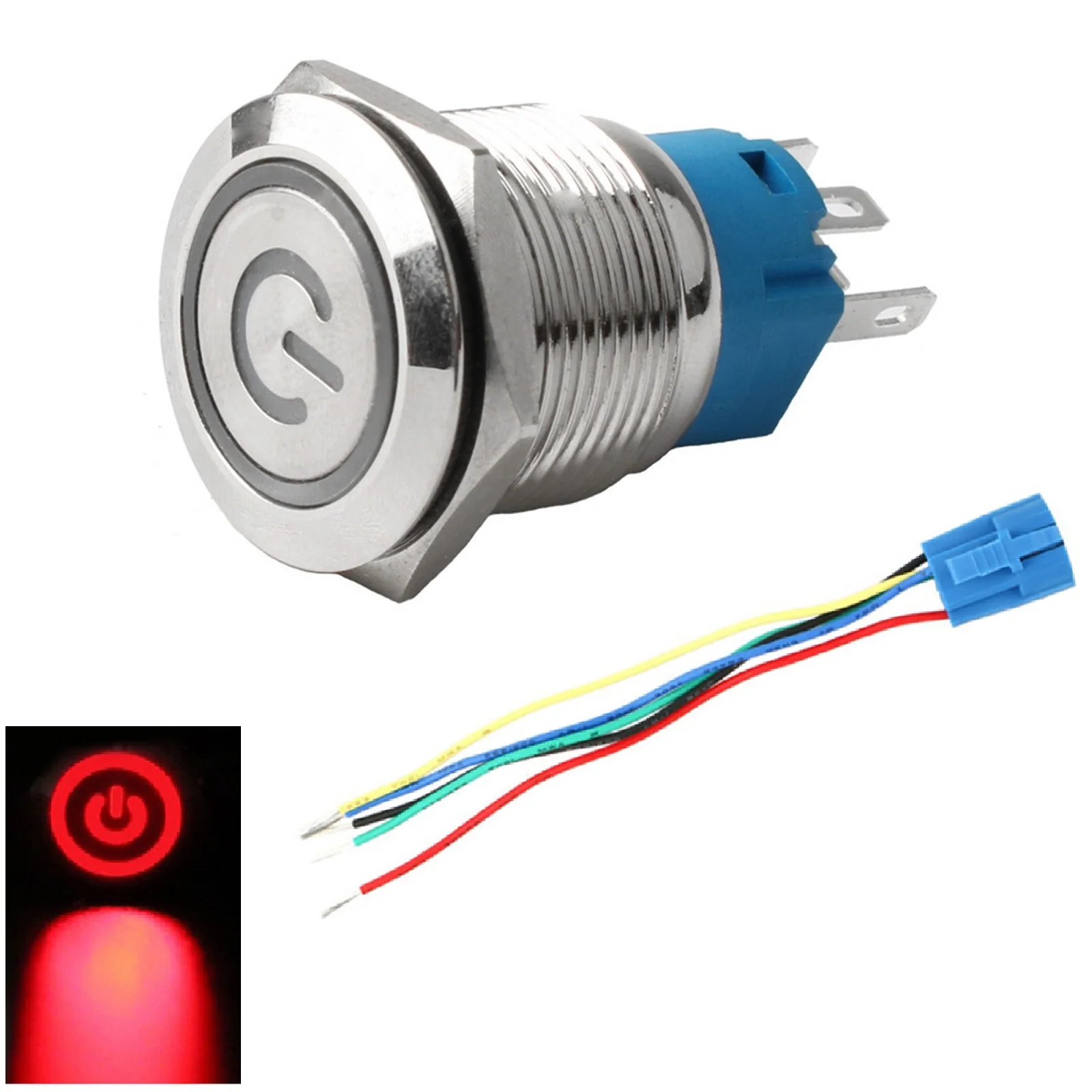 ON OFF Car Switch Button 19mm LED Power Symbol Waterproof Metal Construction Simple Installation with Wire Connector