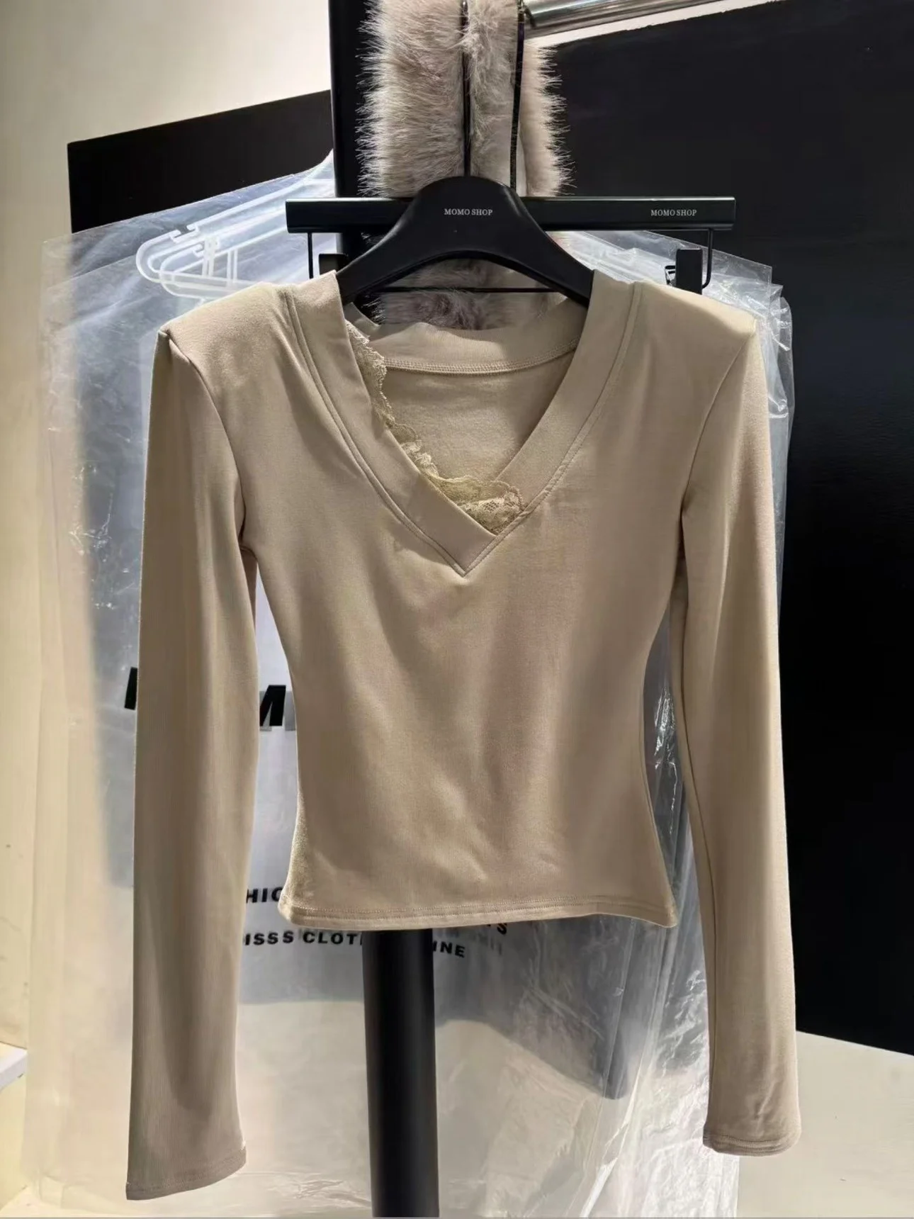 

Корейский зимний удобный топ с подкладкой Long Sve V-Ne Lace Splicing, удобный топ Thiened ort для женщин