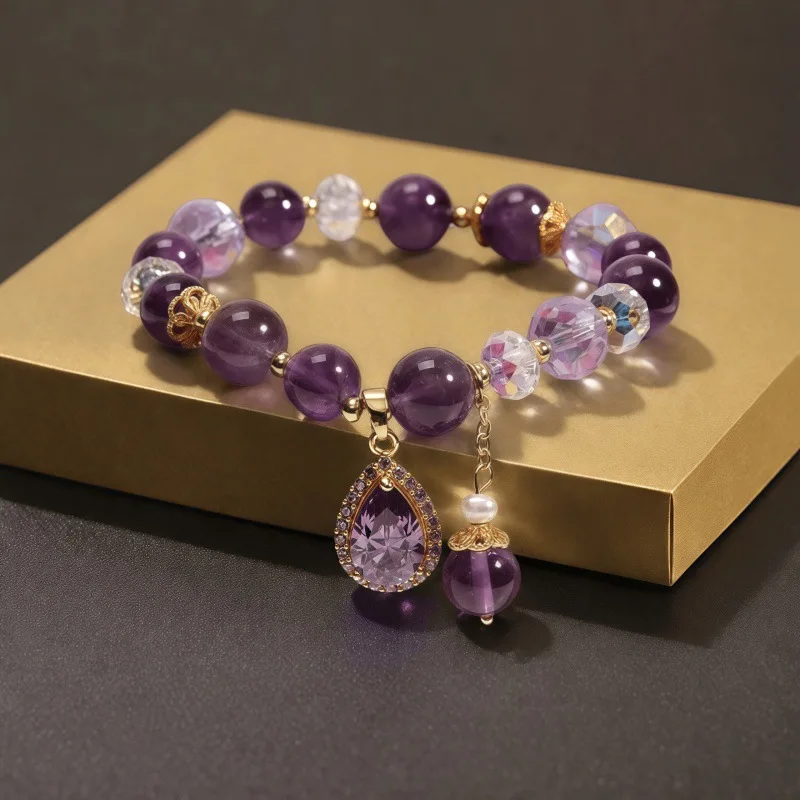 

Hot Selling Lucky Amethyst Water Drop Pendant Bracelet for Women Wealth Blessing Crystal Bangle Party Jewelry Friendship Gift