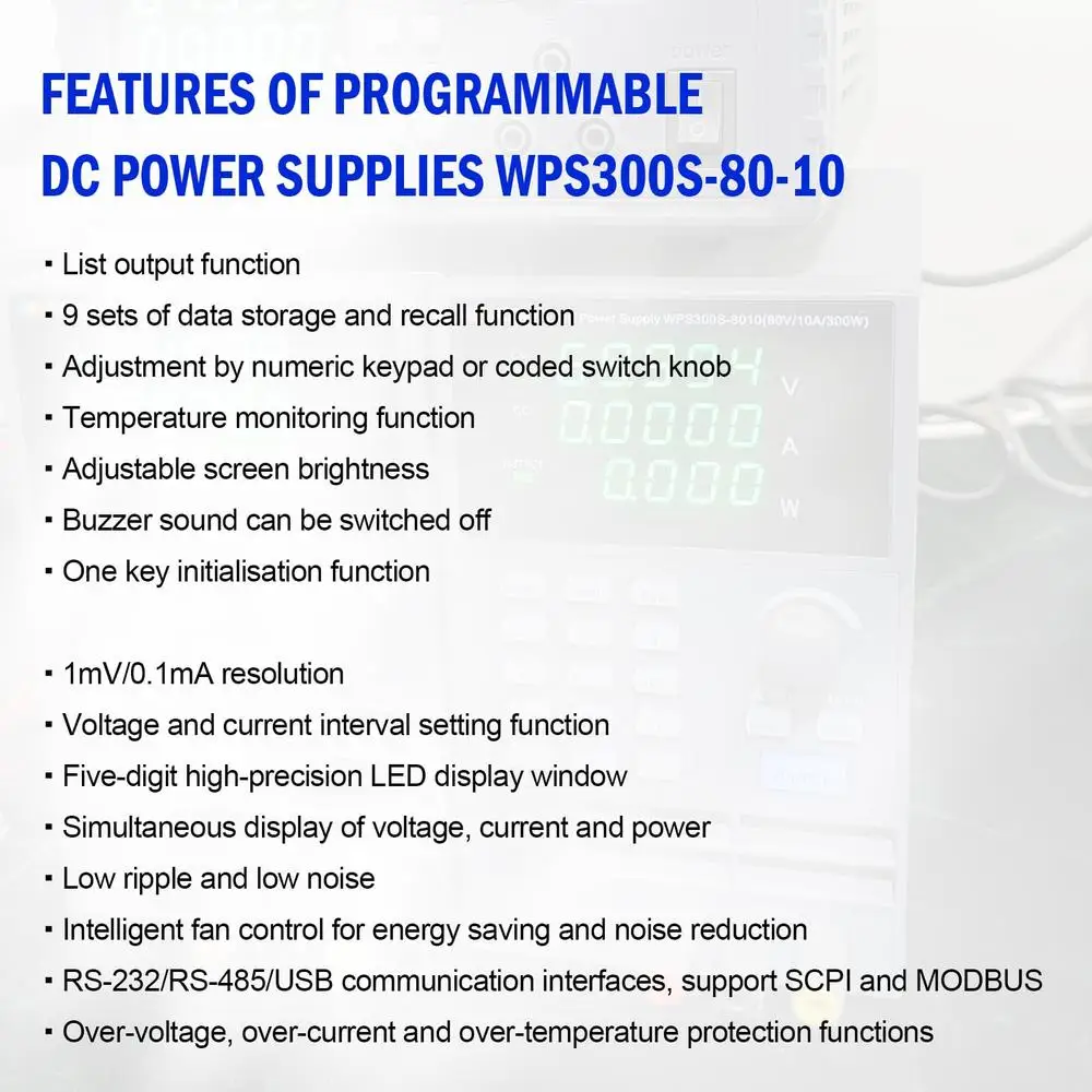 Wide Range Programmable DC Power Supply 80V 10A 300W USB RS232 RS485 SCPI MODBUS LIST Output Function Temperature Monitoring