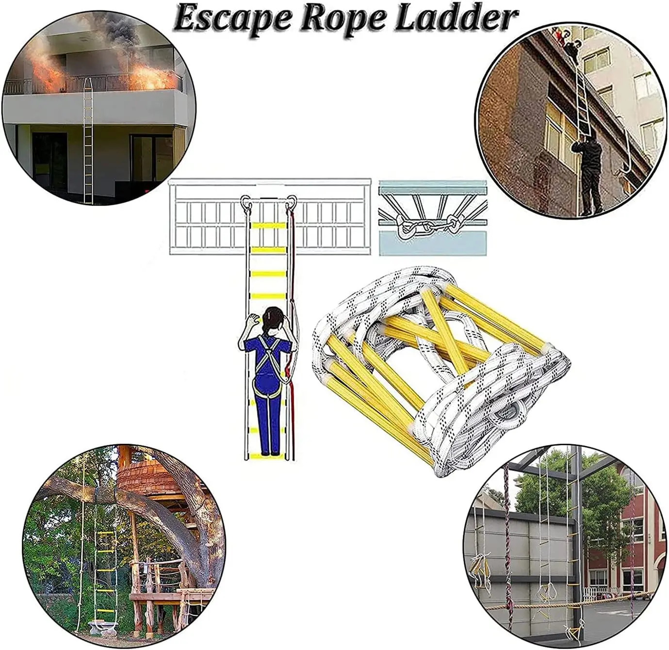 سلم حبل تسلق الصخور شديد التحمل - سلم أمان من راتنج النايلون مع حلقات تسلق ومراسي للتسلق/الإنقاذ في الهواء الطلق (ارتفاع) #3