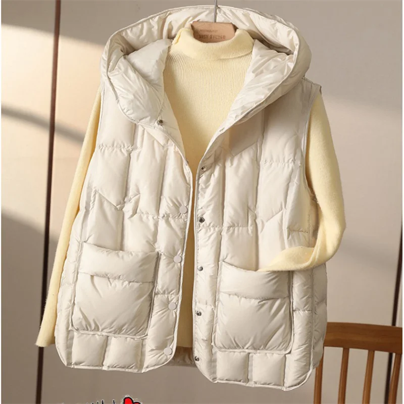 Women Light Thin White Duck Down Vest Jacket Autumn Winter Oversize Hooded Down Waistcoat Coat Parkas Lady Short Sleeveless Tank