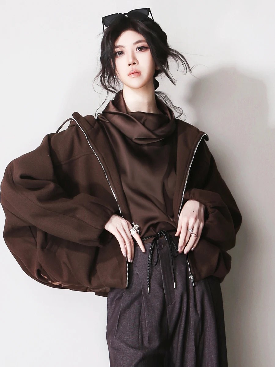 

Slimming High Waist ort Woolen Jaet F42 Tee Dimensional Folded Hem Loose Casual Zipper Thin Coat with Hat for Women