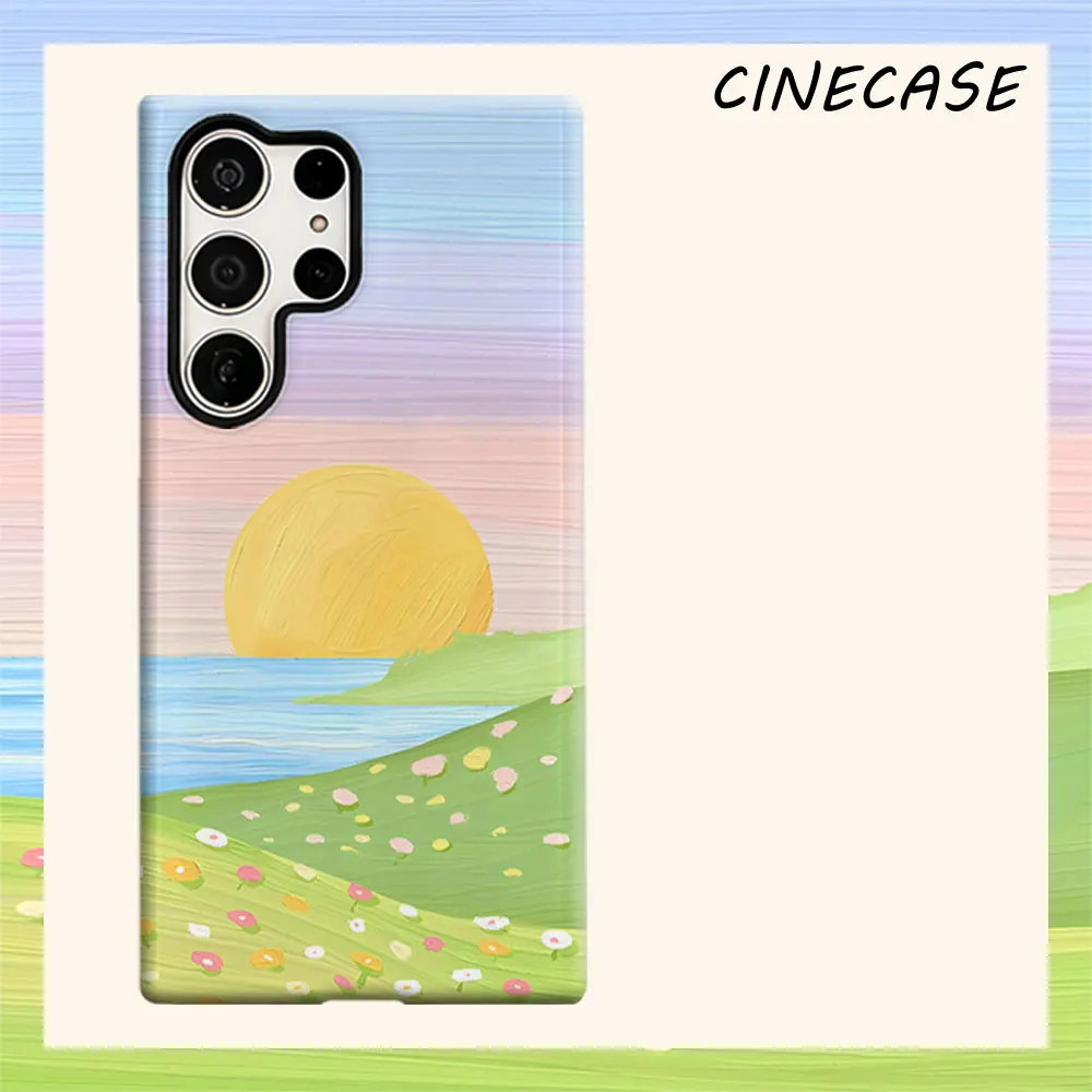 Oil Painting Sunset Meadow For Samsung Galaxy S26 S25 S24 A56 A36 Dual Layer Luxury Fashion Full Lens Protective Case