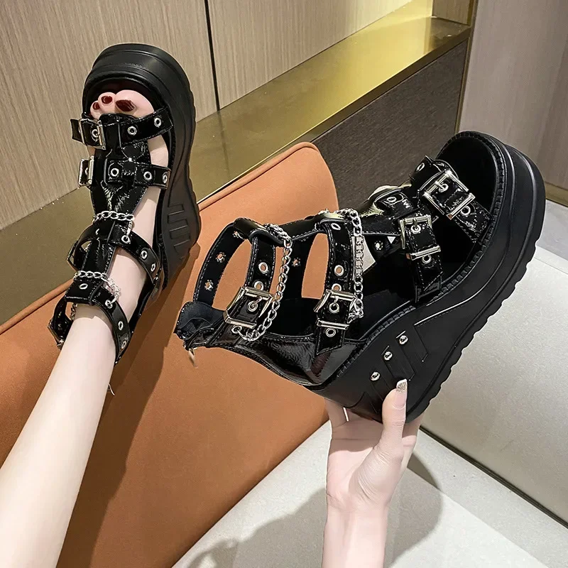 

Women Wedges Sandalias High Heel Gothic Punk Comfy Walking Back Zip Chains Platform Ladies Shoes Sandalias De Mujer Verano 2024