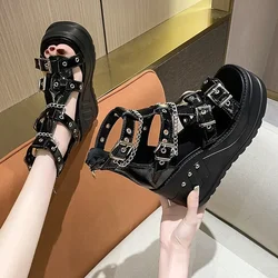 Women Wedges Sandalias High Heel Gothic Punk Comfy Walking Back Zip Chains Platform Ladies Shoes Sandalias De Mujer Verano 2024