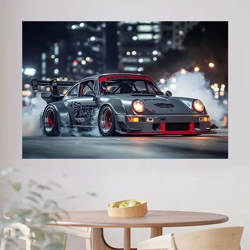 Racing wall art tapestry, night city drift scene, car poster, modern living room decoration, sports vehicle, canvas painting