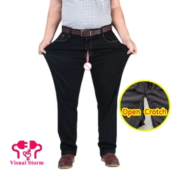 Pantalones vaqueros de entrepierna abierta para hombre, elásticos, sueltos, con cremalleras ocultas, Sexy, Gay, grande, sin entrepierna, informal, al aire libre, jaula de castidad sexual