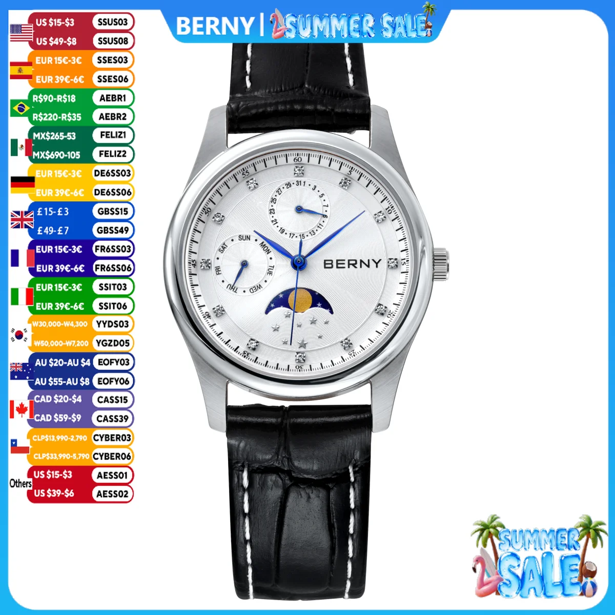 BERNY Women\'s Watches Calendar Date Week Real Moon Phase Quartz Women Watch Leather Strap Elegant Casual Ladies Girl Wristwatch