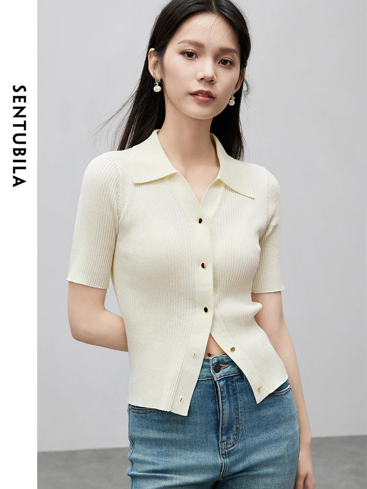 SENTUBILA Polo colletto Slim Cardigan lavorato a maglia 2024 estate nuovo stile francese dritto manica corta maglia top abbigliamento donna W42B55200