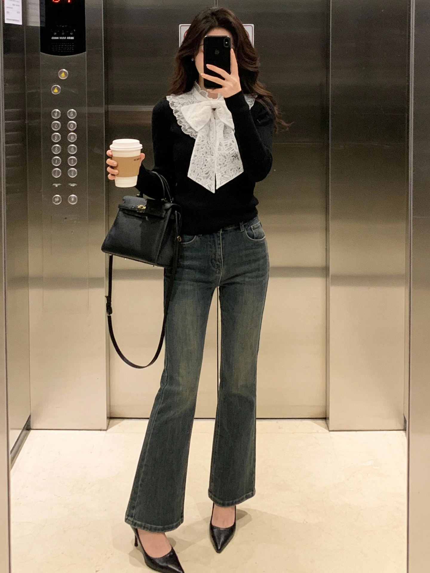 

High-End Winter Knitted Sweater with Ribbon And Lace Design Commute Sle Straight Cut Medium Softn Long Sve Women's Top
