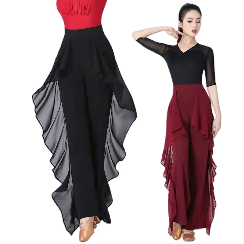 Pantalon de danse à jambes larges pour femmes, taille haute, feuille de Lotus sur le côté, sensation pendante sauvage, pantalon d'entraînement