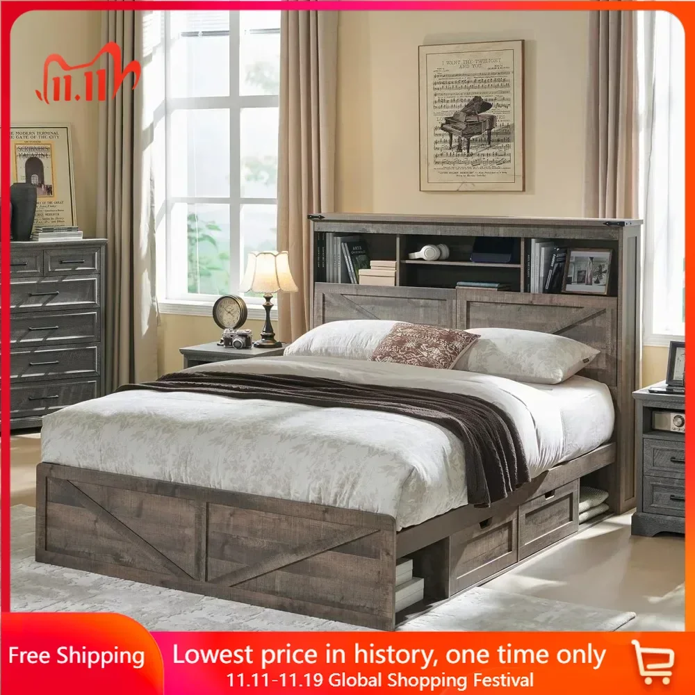 

Full Size Bed Frame with 52" Tall Storage Headboard, 4 Drawers, LED Light, Charging Station, Solid Wood Slats Support, Bed Frame