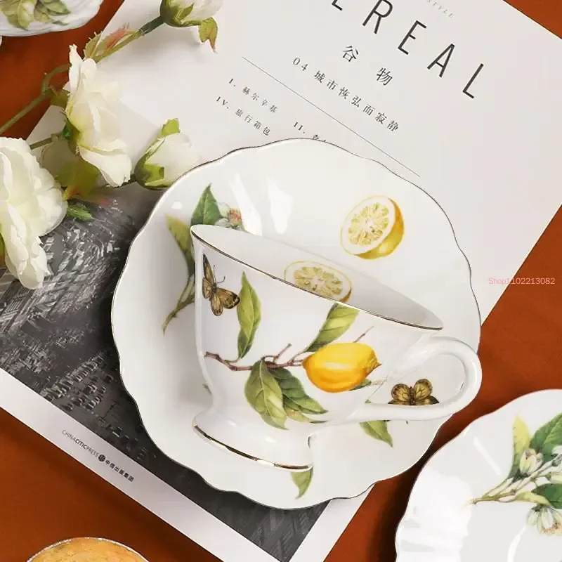 Lemon Tea Cup And Saucers SetEurope Floral Ceramic Mug Coffee Cup Set With Dessert PlateRose Relief Afternoon Tea Coffee Cups