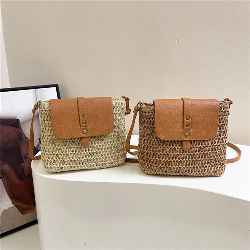 

Bohemian Style Woven Saddle Bag Retro Magnetic Button Straw Crossbody Bag Lightweight Mobile Phone Bag Weave Shoulder Bag