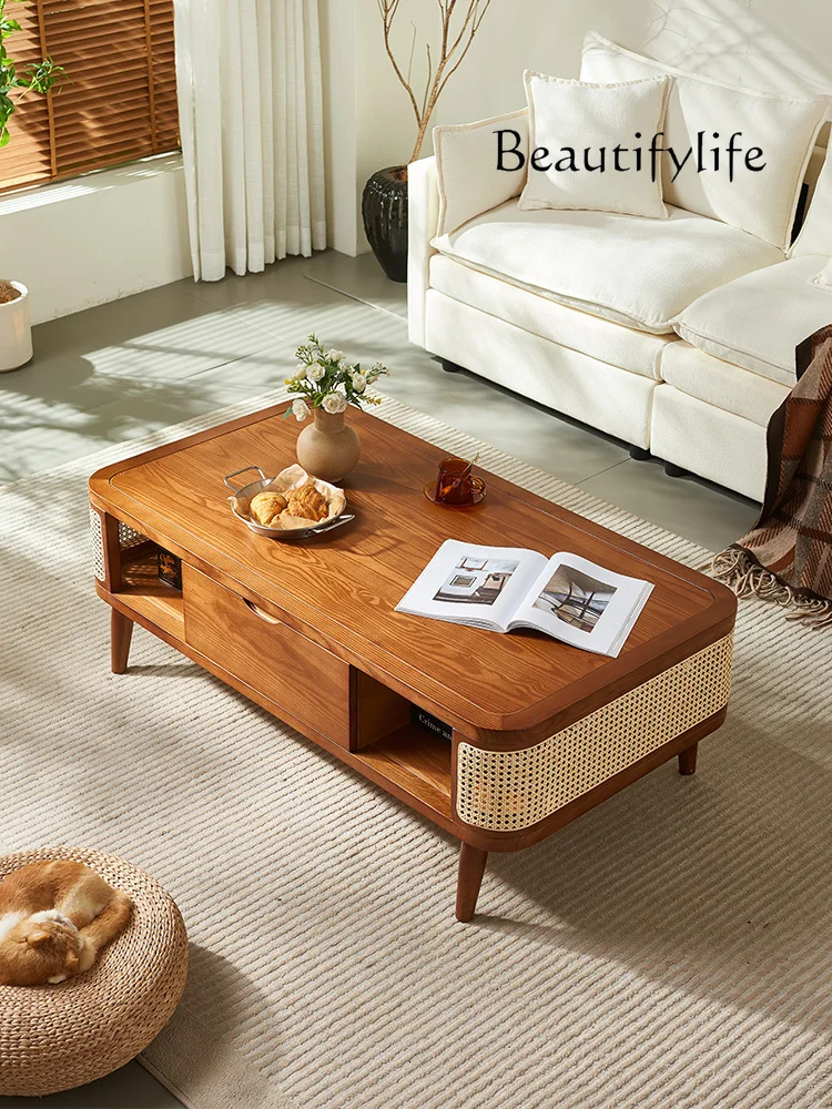 Chinese Style Rattan Drawer Coffee Table Living Room Practical Simple Ash Japanese Style Combination Furniture Walnut Color