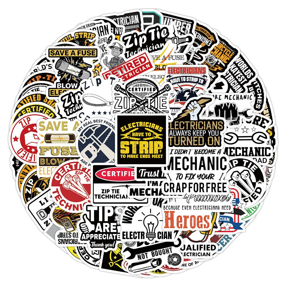 65pcs Funny Zip Tie Certified Stickers Technician Mechanic Electrician Construction Hard Hat DIY Sticker Phone Waterproof Decal